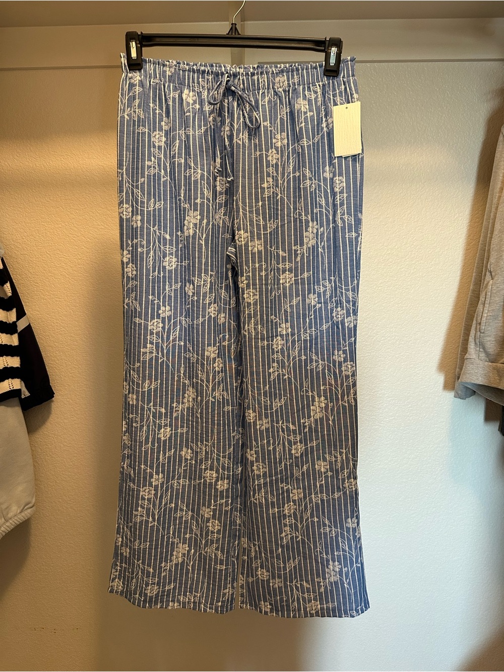 Blue Floral Stripe Drawstring women Pants